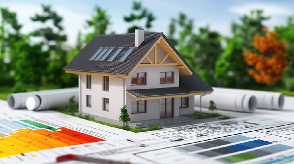 Miniature house on a table surrounded by energy audit diagrams.