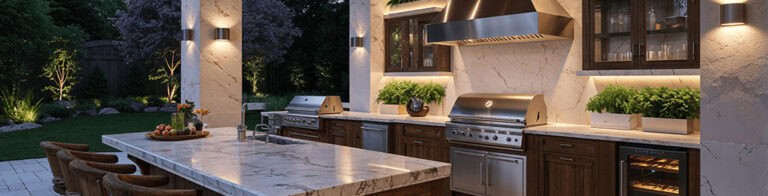 outdoor kitchen with two steel grills and bar seating