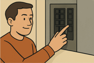 man turning the power on by flipping circuit breaker