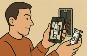 man comparing picture of old switch to new switch