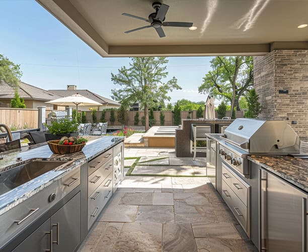 Modern Covered Outdoor Kitchen Stainless Steel Grill Stone Patio Backyard