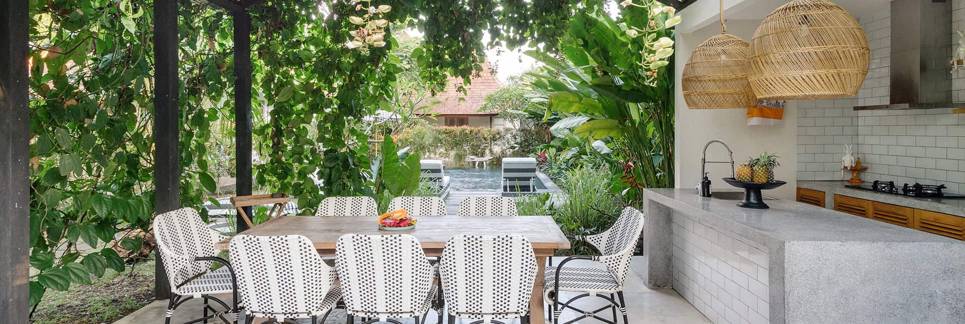 Outdoor Dining Kitchen Area With Pool